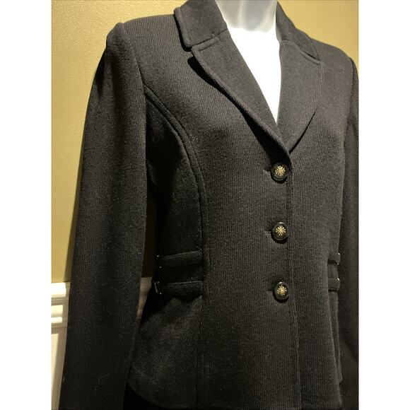 Vtg St John 2pc Skirt Suit Black Santana Knit Button Front Jacket Size 2 Buckles - Picture 6 of 12